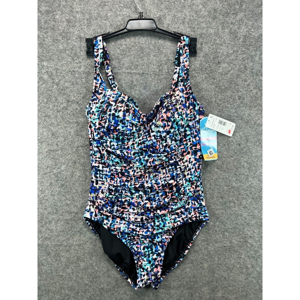 NWT Swim Solutions Shirred One Piece Swimsuit Tummy Control Womens 12 Black Mult